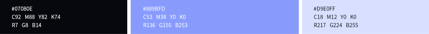 PV colour swatches, primary black, primary light blue and supporting periwinkle with CMYK and RGB values